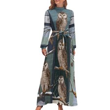 Blue Woodland Owl Maxi Long Dress Size XS S M L 1X