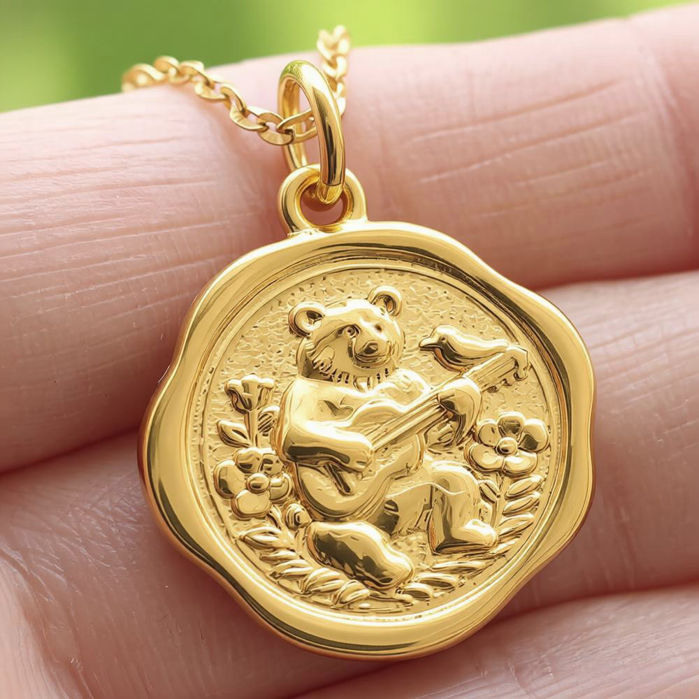 Collana Ciondolo Orso Ciondolo Chitarra Oro 14K Musica Foresta Natura Animali Selvatici
