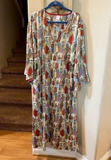 Natori Dynasty Korean Dress XL Black Multicolor Kimono Sleeve Maxi Lounge $130