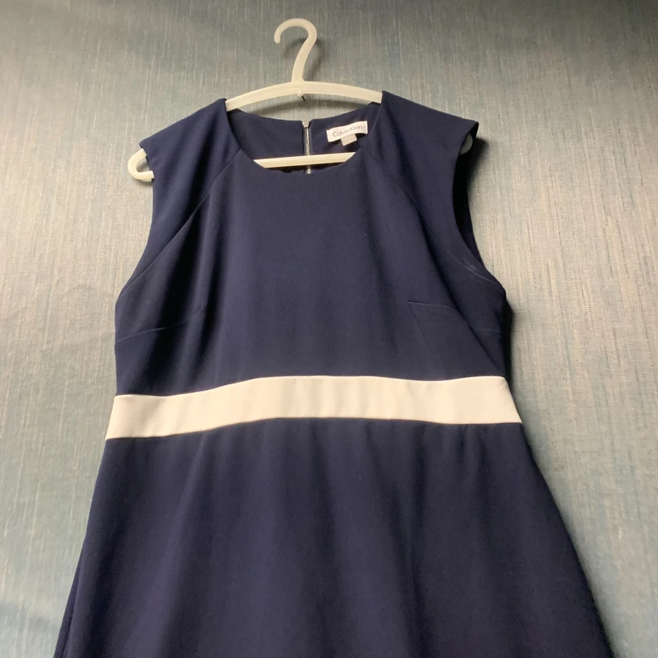 Calvin Klein Women's Sheath Dress Size 12 Blue Sleeveless White Stripe Polyester - Image 2 of 4