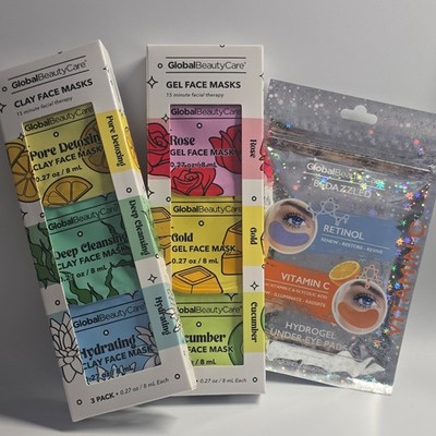Global Beauty Care Clay & Gel Face Mask Set with Retinol, Vitamin C, Eye Pads