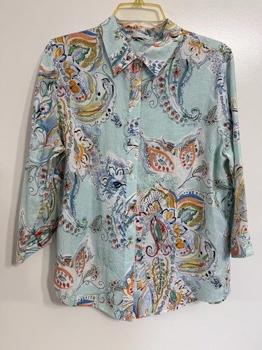 Chicos Women’s Linen Blouse Tropical Paisley Multicolor Button Up Size M No Iron