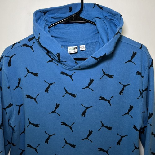 PUMA Hoodie Sweatshirt Youth Boys Size L Large 14/16 Blue All Over Logo Hooded - Picture 2 of 9