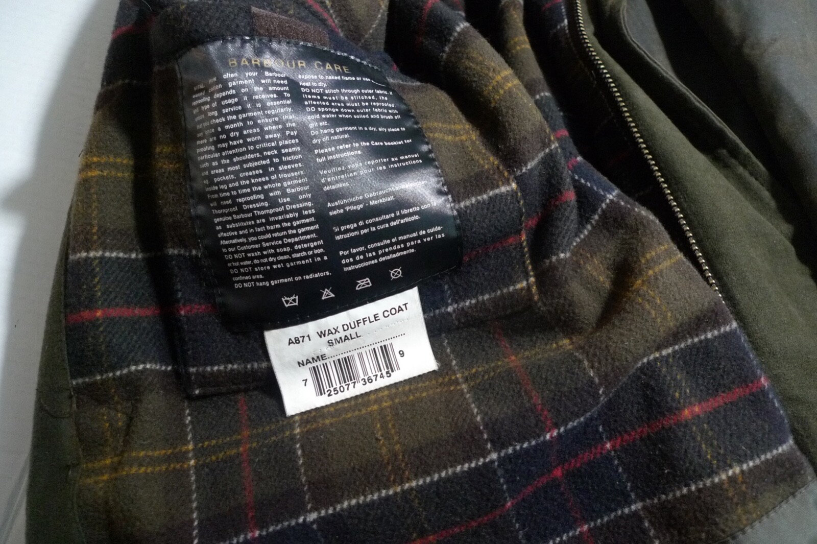 BARBOUR - A871 WAX COTTON DUFFLE COAT- OLIVE- MADE IN ENGLAND - SMALL - RARE image 3