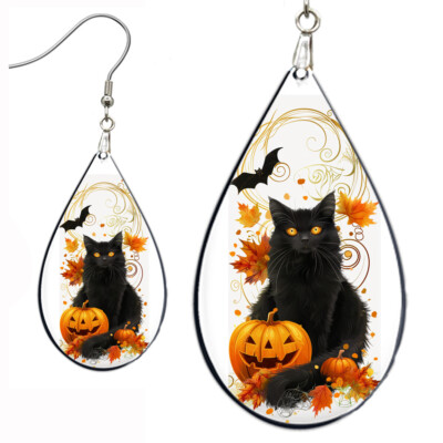 Black Cat Earrings Teardrop NO TARNISHING Wood Bat Pumpkins Autumn Fall Leaves