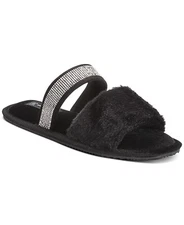 INC Black or White Women Double Strap Slide Slippers Shimmery Satin Fur I.N.C.
