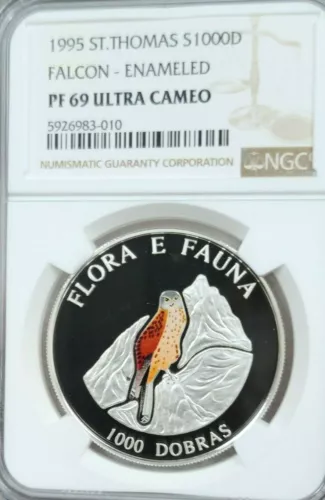 1995 ST THOMAS & PRINCE SILVER 1000 DOBRAS FALCON NGC PF 69 ULTRA CAMEO TOP POP