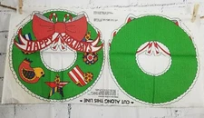 Vintage Happy Holidays Cut a& Sew Fabric Wreath Panel Multicolor Cotton 36"x18"