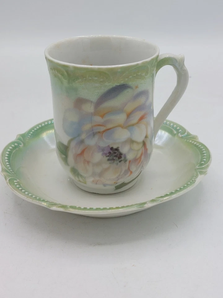 set of 4 C. 1914 - 1922 PK Silesia Cups & Saucers Peony Pattern - Image 3 of 4