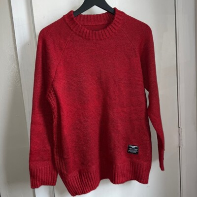 LRJD LU REN JIAO DIAN Red Knit Sweater with Corduroy Elbow Patches-L