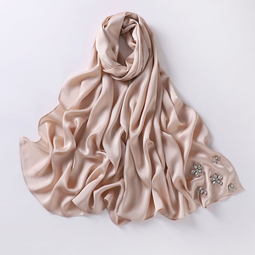 Women Plain Satin Scarf Muslim Crystal Hijab Headwrap Arab Shawl Turban Bandanas - Picture 11 of 16