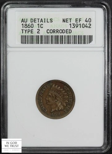 1860 Type 2 Copper-Nickel Indian Head Cent 1C Old Soap Box Holder ANACS AU Det.