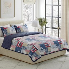 Nautical Americana Patchwork Quilt Set - 3-Piece Microfiber All-Season Bedding