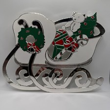 VTG Christmas Sleigh Teddy Bear Trivet Silverplate Enamel WM A Rogers Oneida