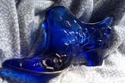 Vintage Fenton Glass Shoe Slipper Boot  Cobalt Blue Cabbage Rose Pattern