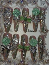 Press On Nails Handmade Large Almonds green bows glitter necklace