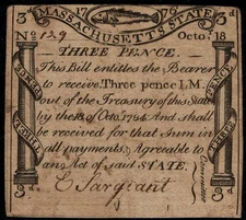MA-223 " engraved & printed by Paul Revere " 3d 1776 Massachusetts Colonial Note