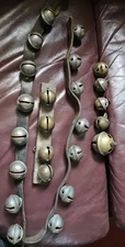 Antique/Primative Leather Strap Engraved Brass Horse Sleigh Bells 44"  24 Bells 