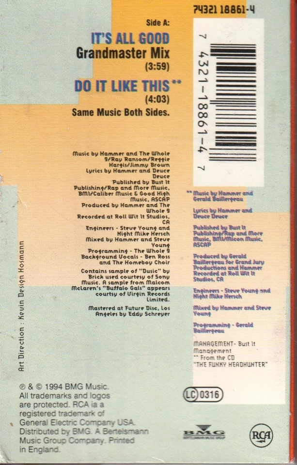 Mc Hammer It's All Good cassette UK BMG 1994 cassette single with card outer - Image 2 of 4