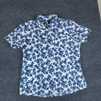 Marc Anthony Luxury Shirt Mens 2XL White Blue Floral Cotton Slim Fit Button Up
