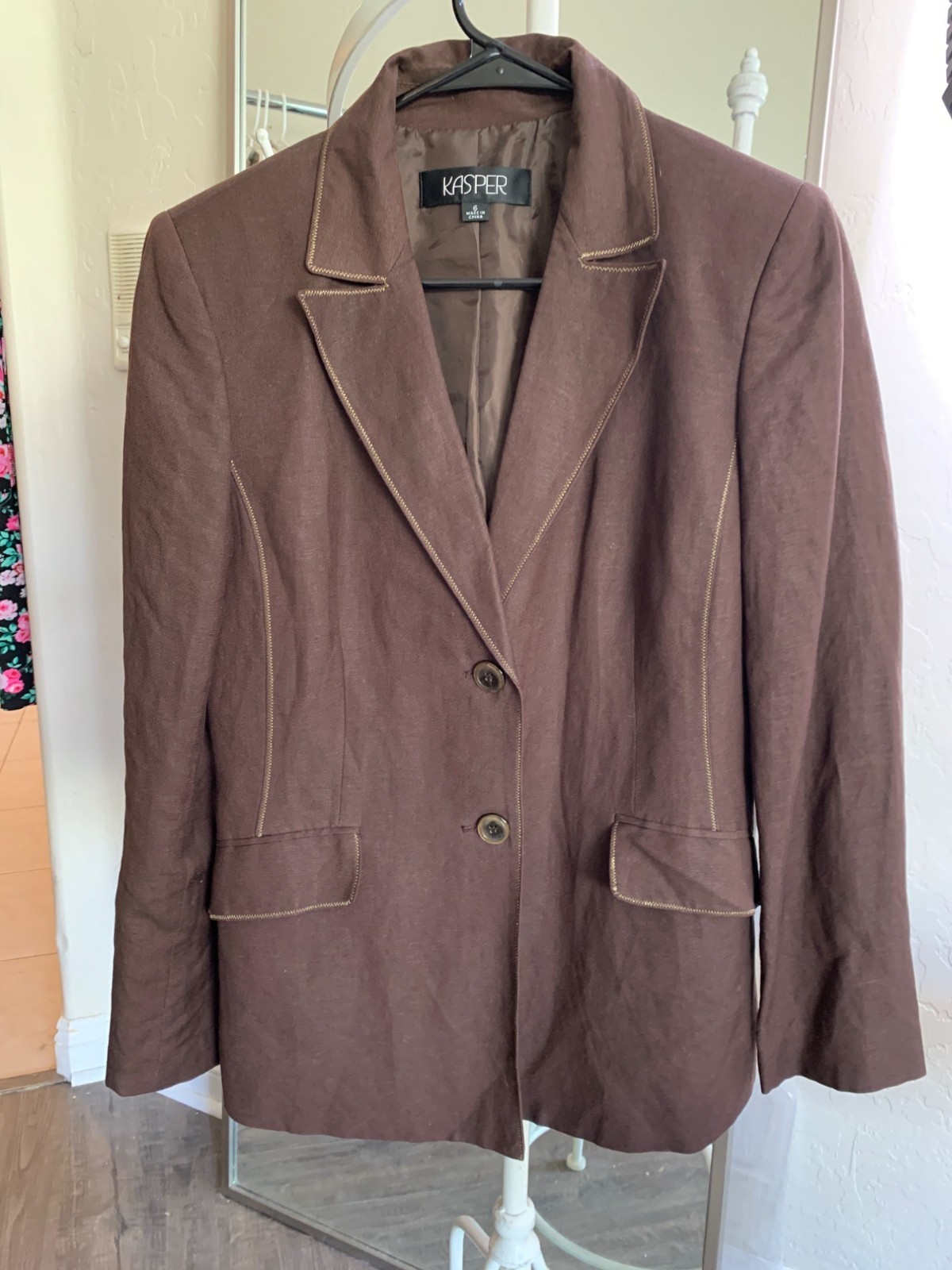 Kasper Womens Brown Linen Blazer & Tank Top Set With Gold Trim Size 6 RAA10436