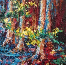 Landscape art, Oil Painting Forest Big Trees Original Impasto Artwork Red wood