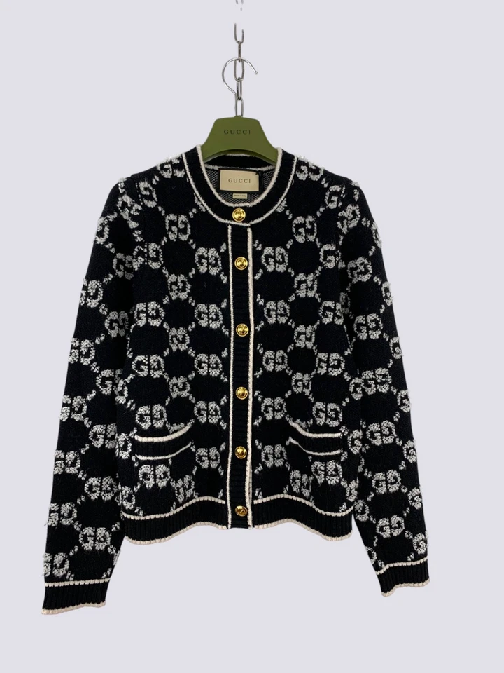 Cárdigan Suéter Gucci GG Monograma Lana Jacquard Rizado Negro Talla M Foto 3 de 4