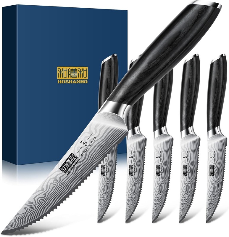 Steak Knives Set of 6, 4.5 Inch Japanese Serrated Steak Knife Set, Ultra Sharp H