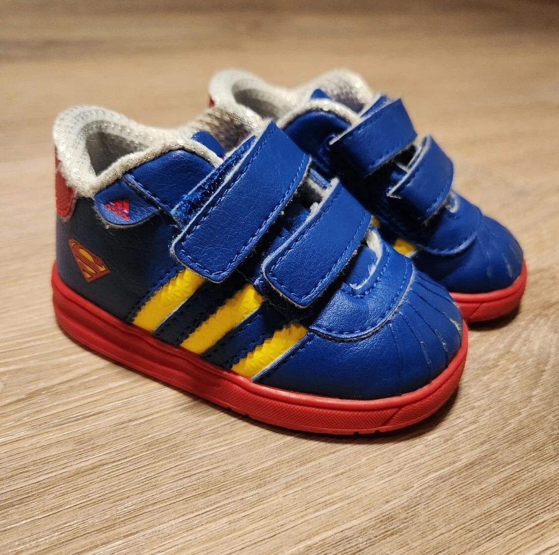 Baby Adidas Superman Logo 4K Shelltoe Sneakers Red Blue Ortholite | eBay