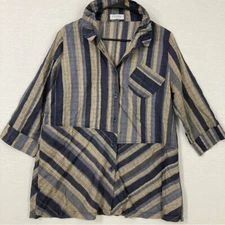 Terra Blue Tan Striped Lagenlook Artsy Button Down Size Medium