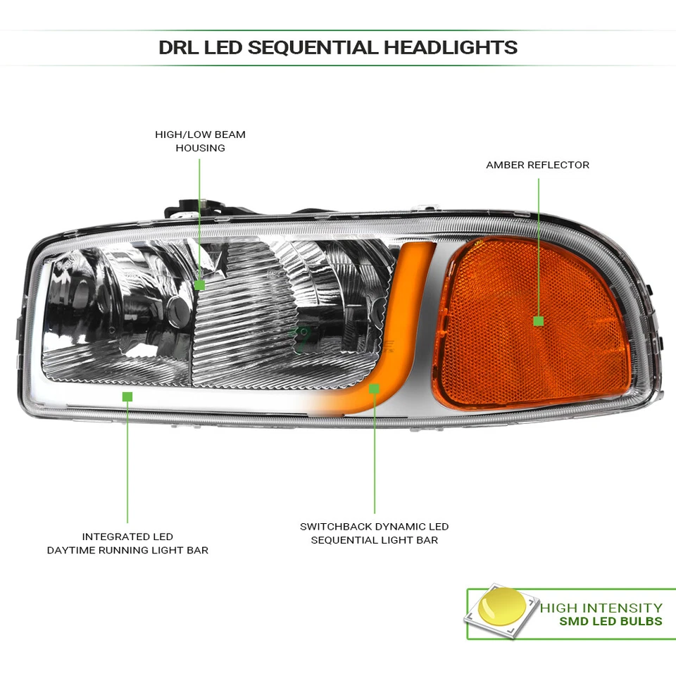 Topline For 1999-2006 Sierra Switchback Sequential LED Strip Headlights - Chrome - Image 3 of 4