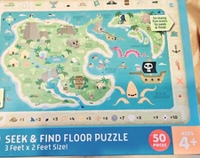 Chuckle & Roar 3'x2' Seek & Find Treasure Map Jigsaw Floor Puzzle 50-pc Used