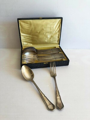 Ensemble De 6 Cuillères Et Fourchettes En Métal Argenté, Ensemble Fourchette Et Cuillère à Dessert Vintage, Argenterie De Service Marquée Avec Poignées Ornées De Roses - France