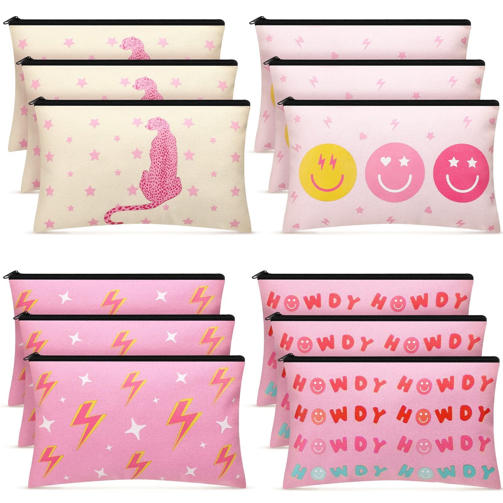 12-Piece Pink Preppy Makeup & Toiletry Bag Set with Zippers Large Capacity