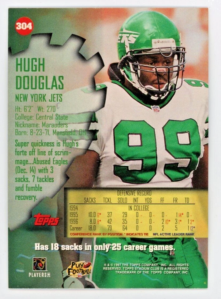 1997 Stadium Club Hugh Douglas Card #304 - Image 2 of 4