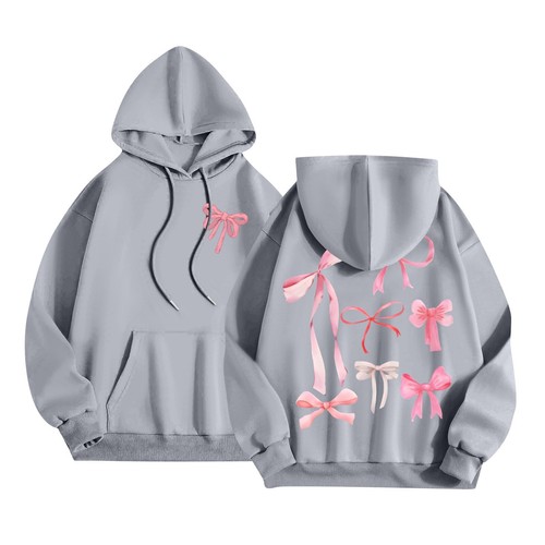 Women's Fashion Long Sleeve Letter Bow Printed Hooded Drawstring Sweatshirt - Picture 8 of 42