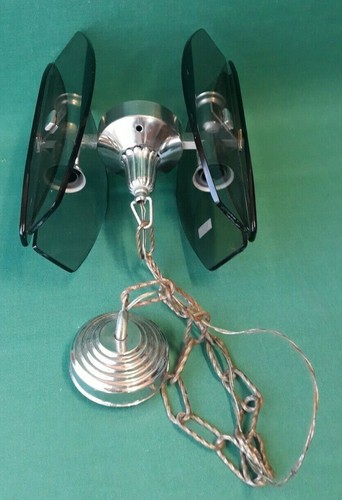 LAMPADARIO ANNI 70 VINTAGE METALLO CROMATO VETRI SCURI MADE IN ITALY 4 LUCI. *23 - Picture 5 of 9