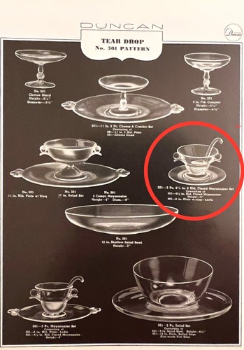 DUNCAN & MILLER GLASS Clear #301 Teardrop Flared Mayo Bowl & Ladle 1937 Perfect - Picture 7 of 11