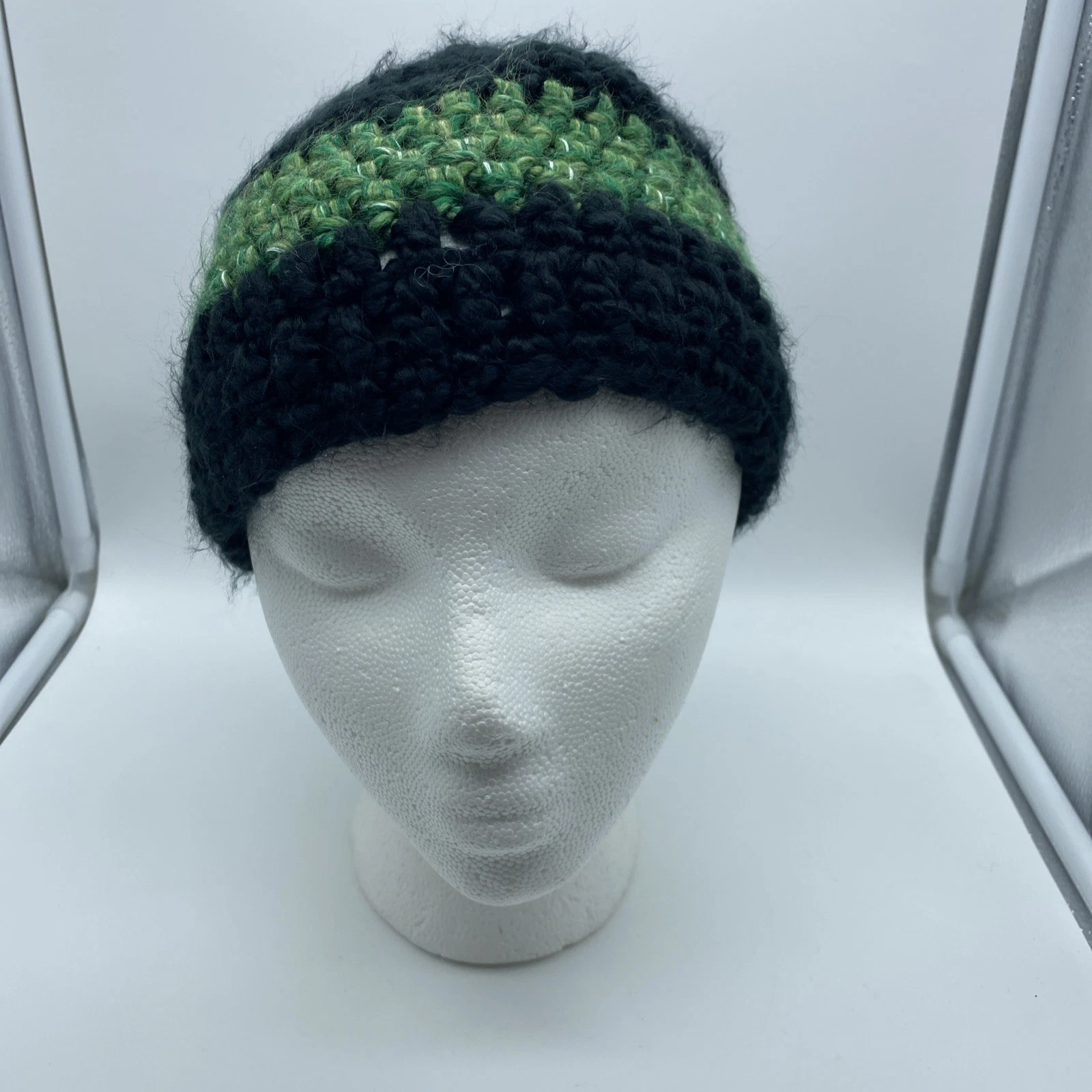 Black Green Gray Handmade Crochet Yarn Beanie Hat Knit Stocking Cap Winter