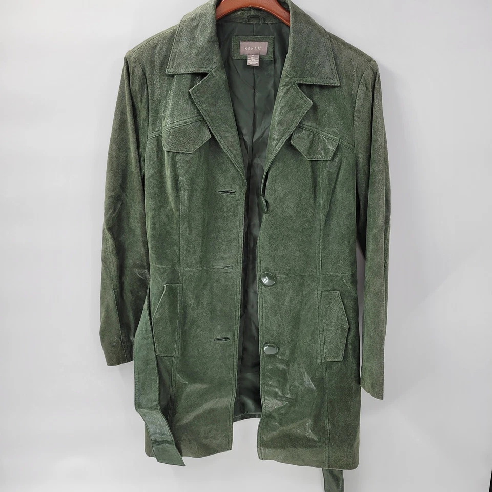 Trench coat feminino Kenar couro verde com cinto 8 jaqueta em relevo líquido  - Imagem 4 de 4