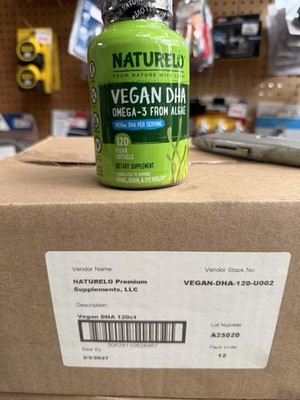 NATURELO VEGAN DHA OMEGA 3 FROM ALGAE 800MG DHA PER SERVING 120 CT EXP 2/3/2027