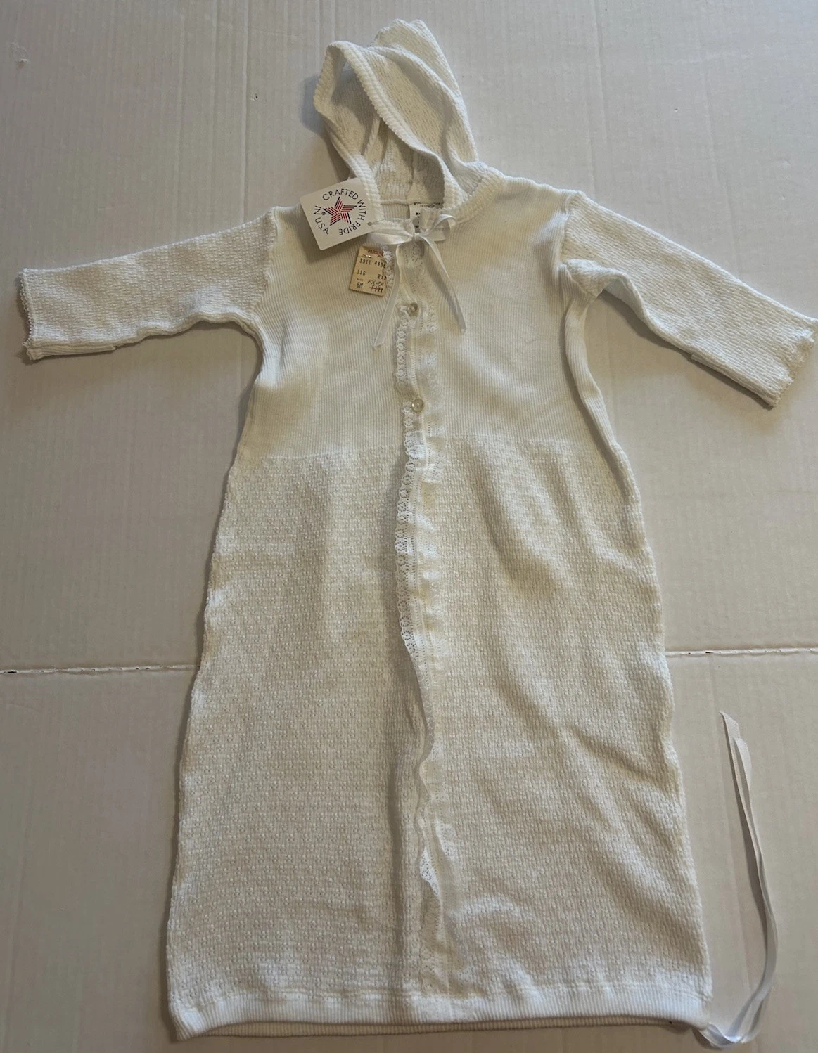 Vtg Paty Baby Gown White Size 6 Months Lace Knit Ribbon Tie Hooded USA NOS
