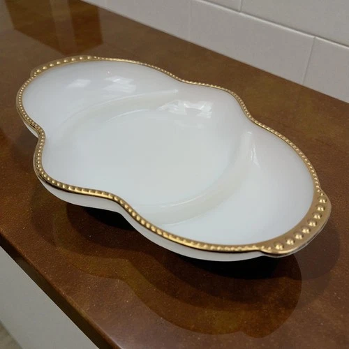 Fire King Oven Ware Milk Glass Gold Trim Serving Platter 11" x 7.5" Vintage