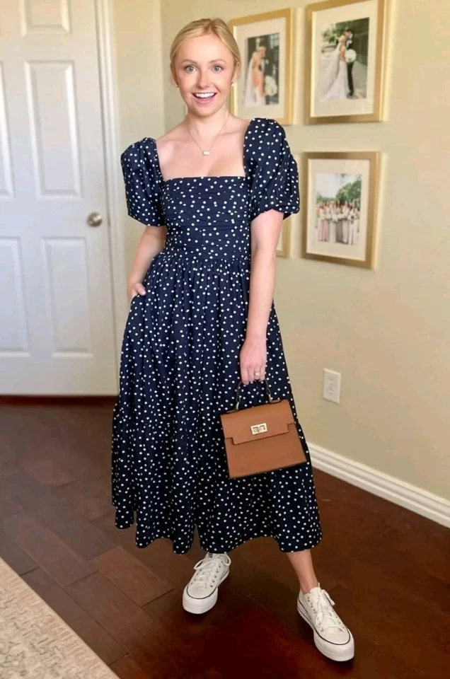 Abercrombie Emerson Navy Polka Dot Smocked Midi Puff Sleeve Dress Size XL