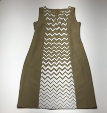 Emma & Michele Sheath Dress Womens Size 6 Tan Chevron Panel Gold Bar Embellished
