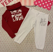 VS PINK VINTAGE Y2K SET ZIP HOODIE  SWEATPANTS TRUE PINK LOVE BLING RARE HTF LG
