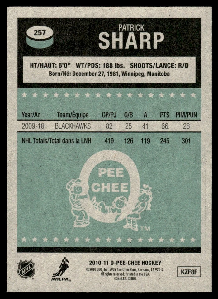 2010-11 O-Pee-Chee Retro Patrick Sharp Chicago Blackhawks #257 - Image 2 of 2