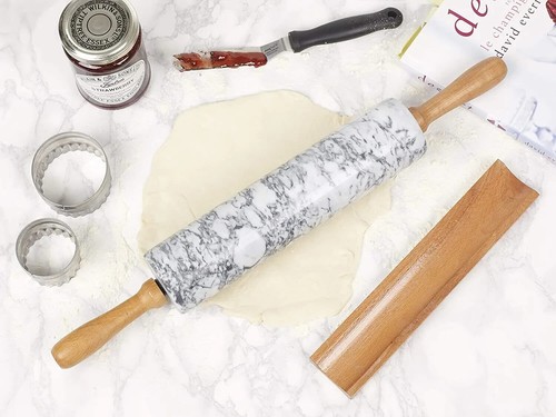 Marble Rolling Pin for Baking with Wooden Stand Homiu Natural Stone White Cook - Picture 2 of 5