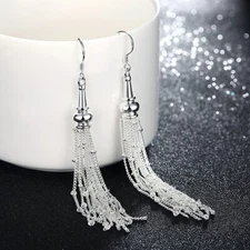 Womens 925 Sterling Solid Silver 3.4" Long Tassel Drop Dangle Fashion Earrings