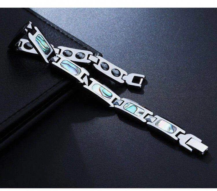 Pulseras de carburo de tungsteno plateadas de 10 mm para hombre con cadena de brazalete de salud con concha de abulón Foto 3 de 4